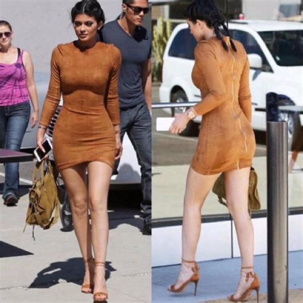 Mistressrocks ‘Gunsmoke’ Tan Suedette Asymmetric Dress- worn by Kylie Jenner